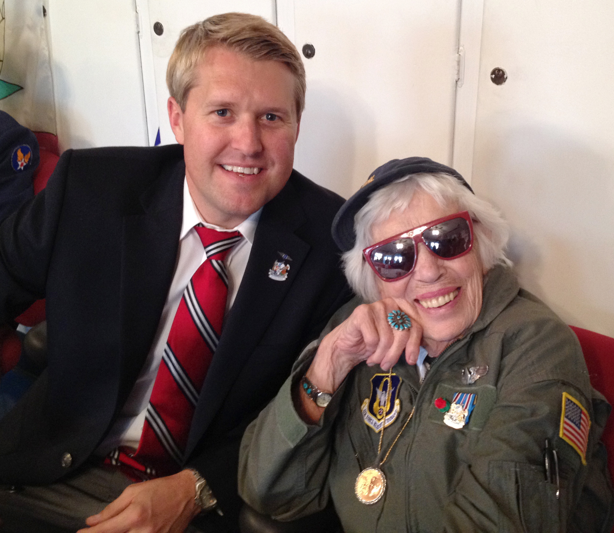 Sandberg with Jean McCreedy, a member of a World War II women's military pilot group that Sandberg's Condor Squadron honored in December 2013.