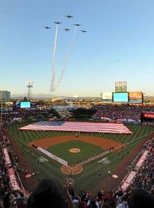 The Condor Squadron performs a flyover at the Los Angeles Angels' 2013 home opener.