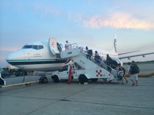 Customers board a relief flight in Mazatlán Sept. 16.