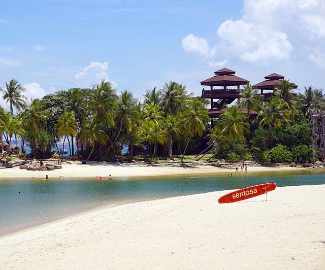This is a photo of a man-made beach with palm trees and a creek running between two sandy beaches. In the distance there are two large brown structures.